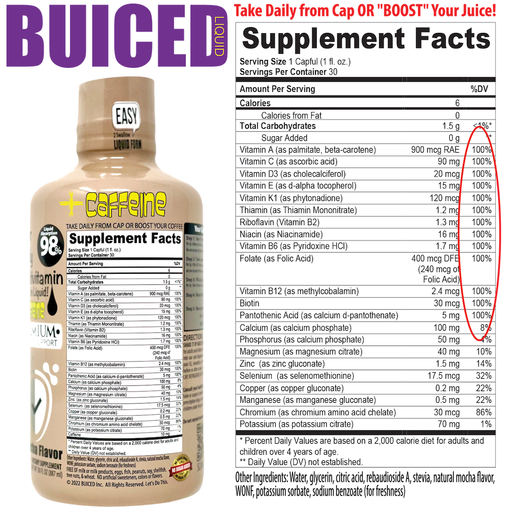 90 Day Supply | Mocha Flavor - Buiced Liquid+ Caffeine Multivitamin | Gluten Free Vitamins | GMO Free Vitamins | Made in USA Vitamins | Best Multivitamin