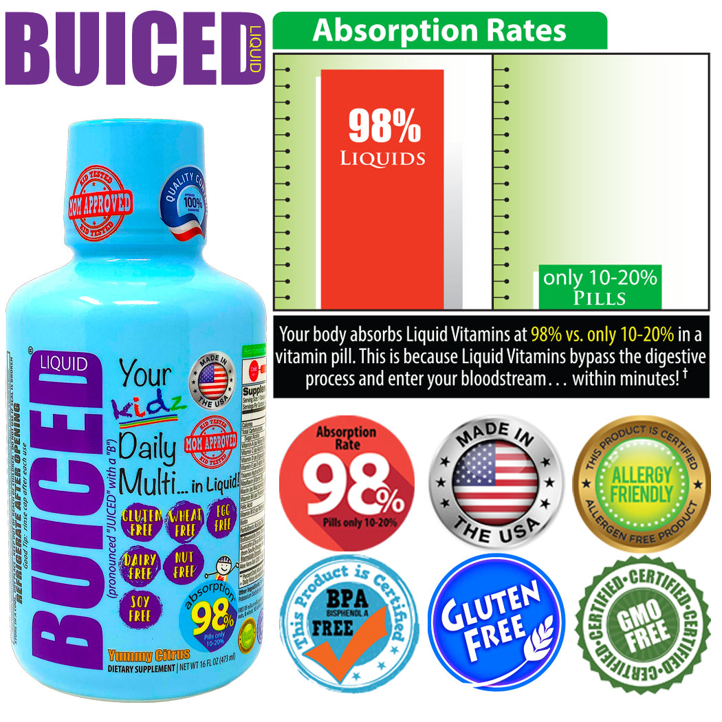 16oz BUICED | Kids Daily Multi - Buiced Liquid Multivitamin | Gluten Free Vitamins | GMO Free Vitamins | Made in USA Vitamins | Best Multivitamin 