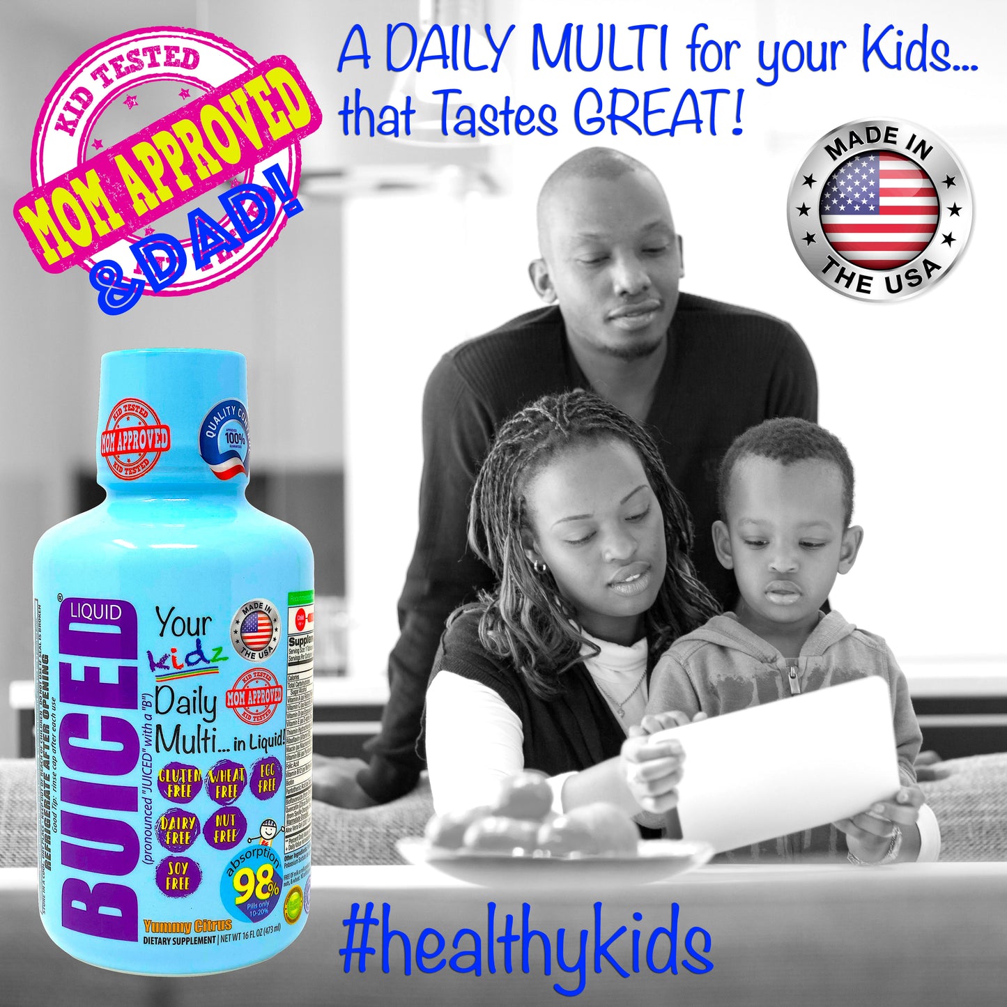 16oz BUICED | Kids Daily Multi - Buiced Liquid Multivitamin | Gluten Free Vitamins | GMO Free Vitamins | Made in USA Vitamins | Best Multivitamin 