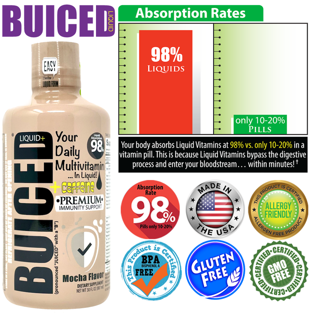 30 Day Supply | Mocha Flavor - Buiced Liquid+ Caffeine Multivitamin | Gluten Free Vitamins | GMO Free Vitamins | Made in USA Vitamins | Best Multivitamin