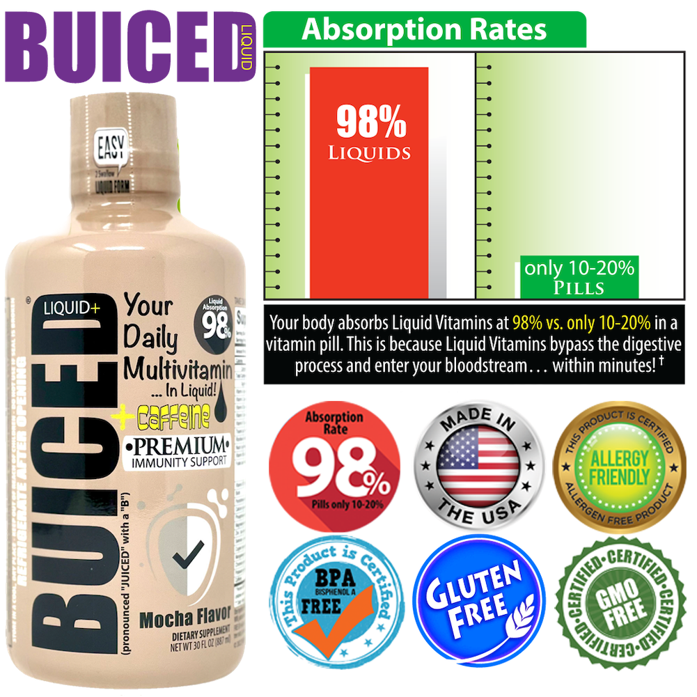 90 Day Supply | Mocha Flavor - Buiced Liquid+ Caffeine Multivitamin | Gluten Free Vitamins | GMO Free Vitamins | Made in USA Vitamins | Best Multivitamin