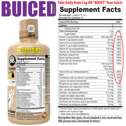 90 Day Supply | Mocha Flavor - Buiced Liquid+ Caffeine Multivitamin | Gluten Free Vitamins | GMO Free Vitamins | Made in USA Vitamins | Best Multivitamin
