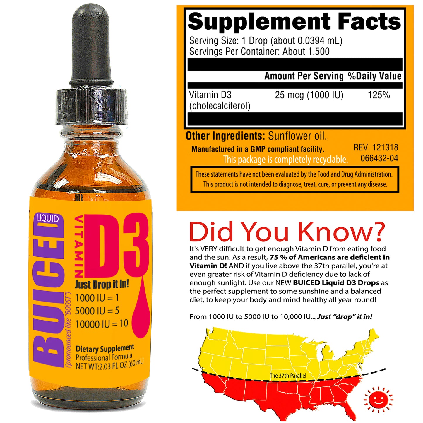 D3 Liquid Drops | Vitamin D3 Cholecalciferol | Gluten Free Vitamin D3 | GMO Free Vitamin D3 | Made in USA Vitamin D3 | 1000 IU | 5000 IU | 10,000 IU