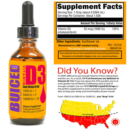 D3 Liquid Drops | Vitamin D3 Cholecalciferol | Gluten Free Vitamin D3 | GMO Free Vitamin D3 | Made in USA Vitamin D3 | 1000 IU | 5000 IU | 10,000 IU