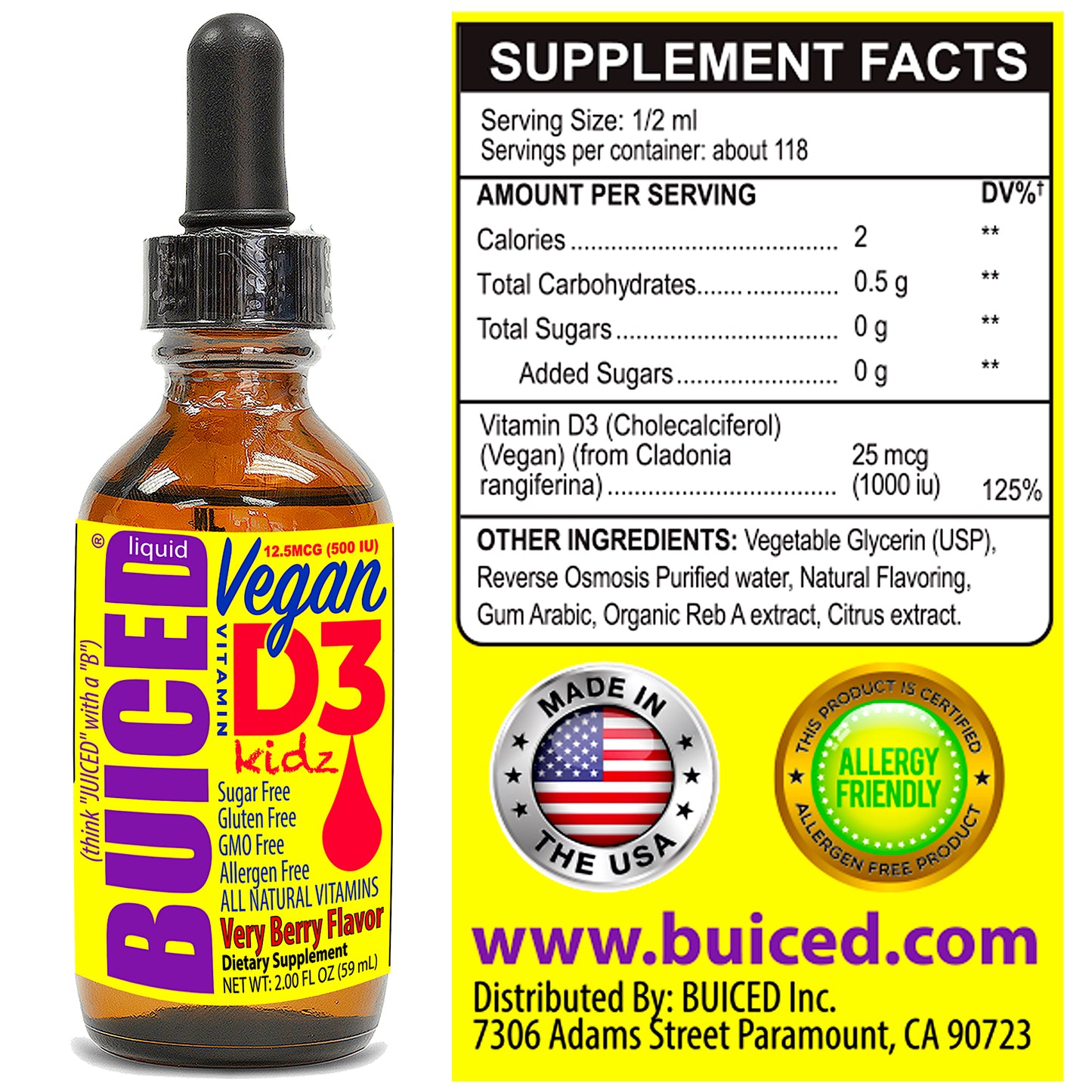 Vitamin D3 Kids Liquid Drops - 1 Bottle | Vegan Vitamin D3 | Sugar Free Formula | GMO Free | Gluten Free | Allergen Free