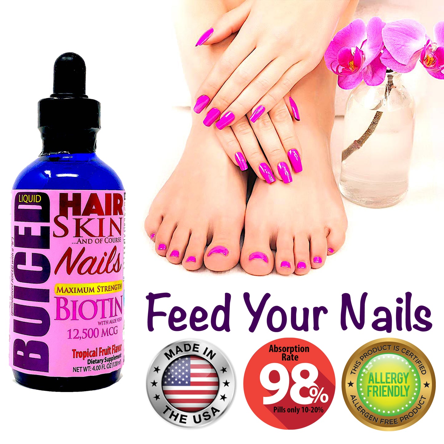 Hair, Skin & Nails - 1 Bottle - Buiced Liquid Multivitamin | Gluten Free Vitamins | GMO Free Vitamins | Made in USA Vitamins | Best Multivitamin 