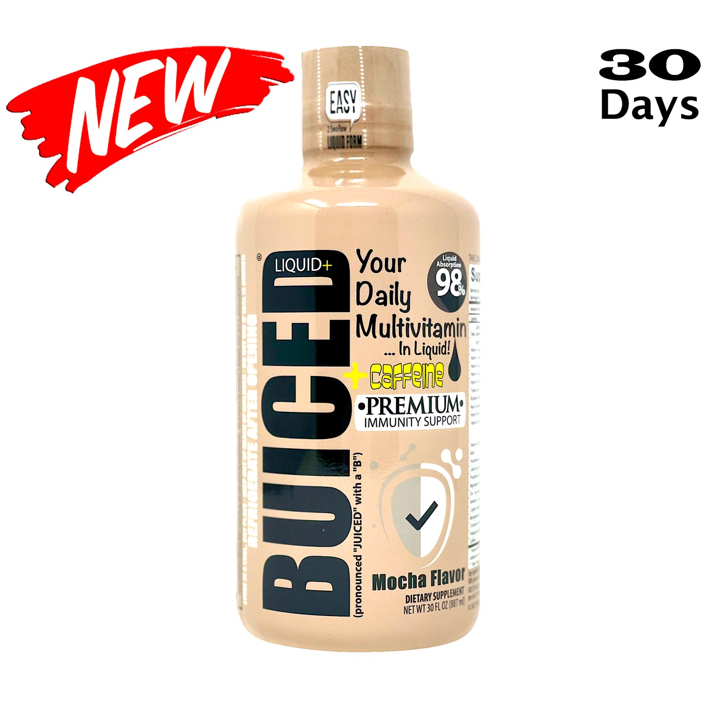 30 Day Supply | Mocha Flavor - Buiced Liquid+ Caffeine Multivitamin | Gluten Free Vitamins | GMO Free Vitamins | Made in USA Vitamins | Best Multivitamin