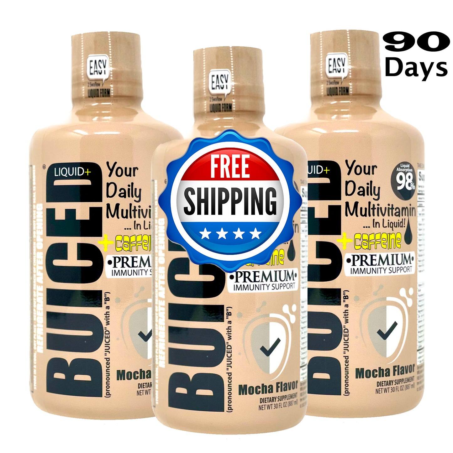 90 Day Supply | Mocha Flavor - Buiced Liquid+ Caffeine Multivitamin | Gluten Free Vitamins | GMO Free Vitamins | Made in USA Vitamins | Best Multivitamin