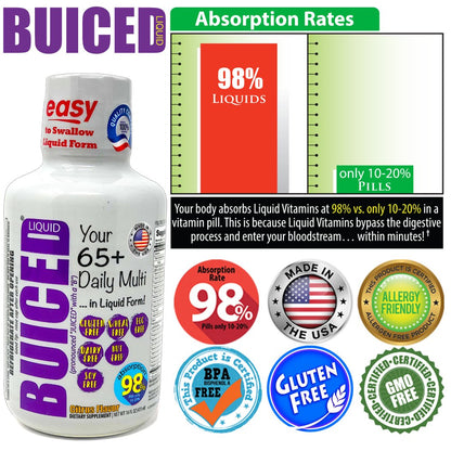 16oz BUICED | Seniors 65+ Daily Multi - Buiced Liquid Multivitamin | Gluten Free Vitamins | GMO Free Vitamins | Made in USA Vitamins | Best Seniors 65+ Multivitamin