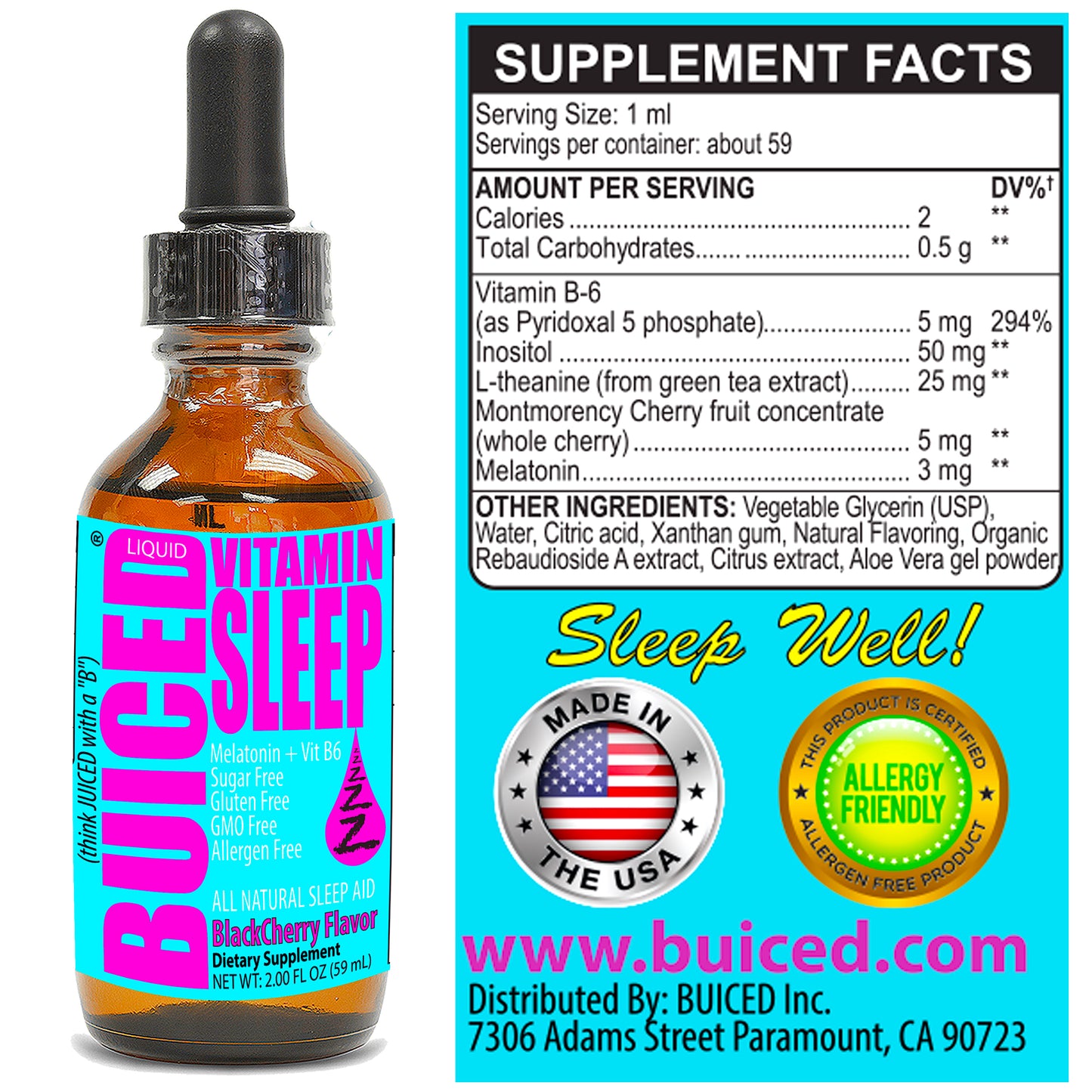 Vitamin Sleep - 1 Bottle - Buiced All Natural Sleep Aid | Melatonin and Vitamin B6 | Non groggy Non Addicting Formula | Made in USA