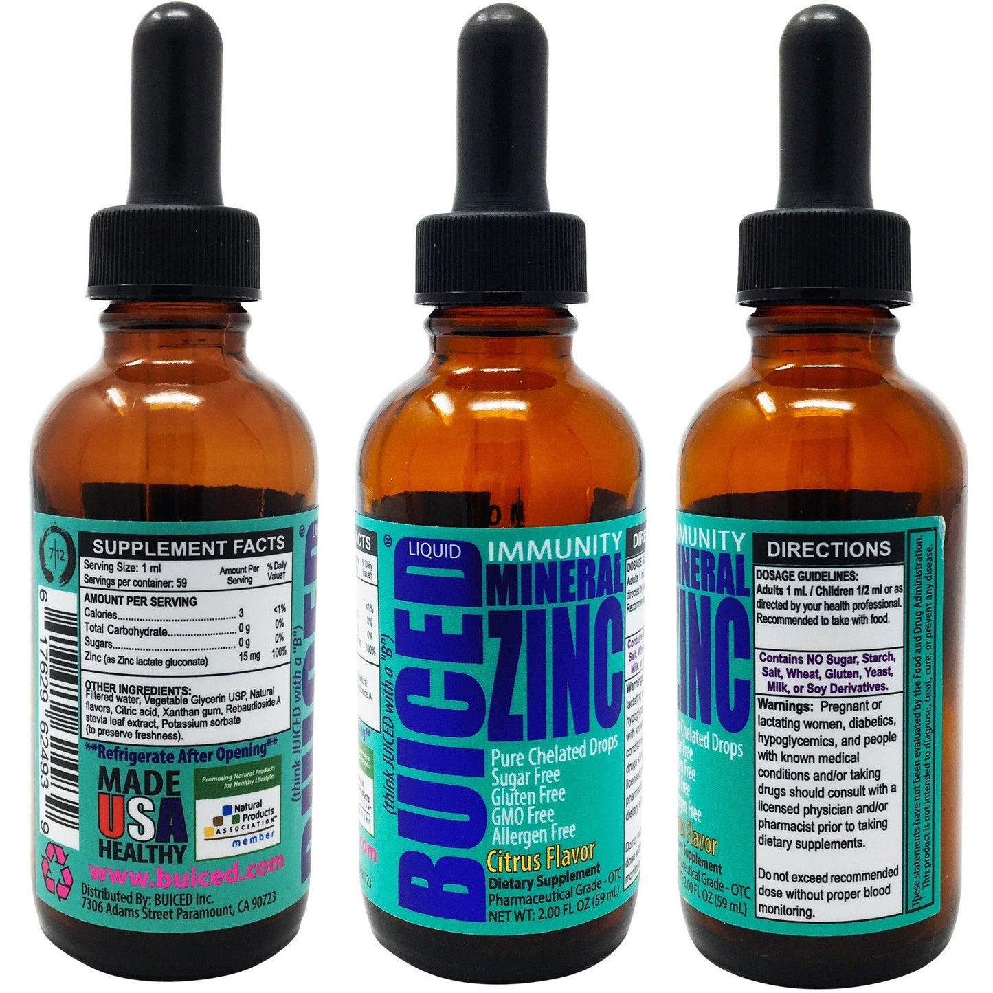 Zinc Liquid Drops - 1 Bottle - Buiced Liquid Mineral Chelated Zinc | Gluten Free | GMO Free | Made in USA | Citrus Flavor